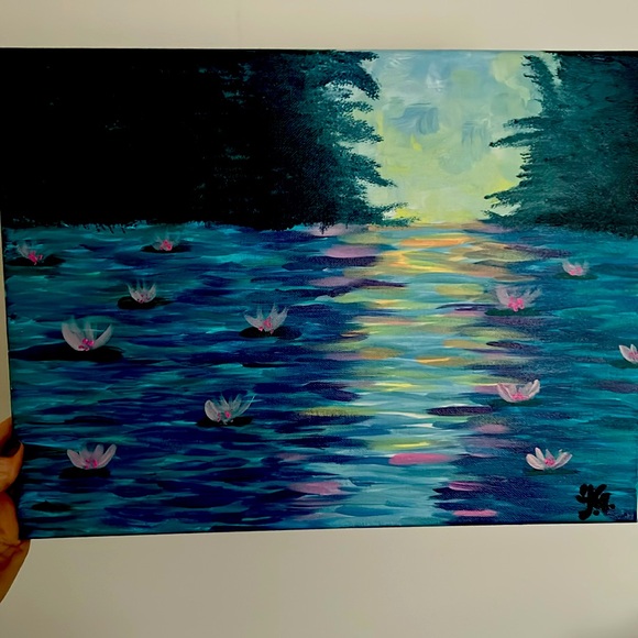 $5 CLEAROUT BEFORE DONATION —Painting medium canvas Lilly pad lake and greenery - Picture 2 of 2